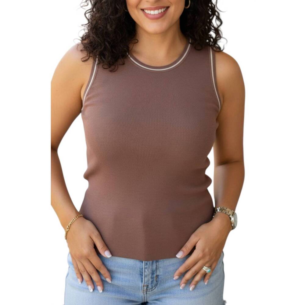 NEW BE COOL contrast line sweater tank top in brown